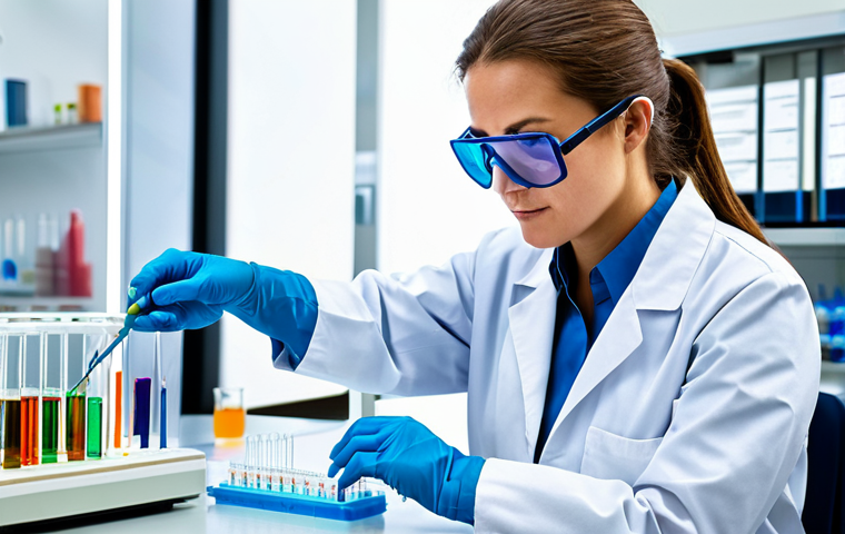A focused female biotechnologist in a modest lab coat and safety goggles, meticulously pipetting a colorful liquid into a microplate within a state-of-the-art synthetic biology laboratory. The background features advanced genetic sequencing machines and sterile benchtops, illustrating the precise art of designing life. The scene emphasizes innovation and meticulous scientific work. Fully clothed, appropriate attire, professional dress, safe for work, appropriate content, perfect anatomy, correct proportions, natural pose, well-formed hands, proper finger count, natural body proportions, professional photography, high quality.